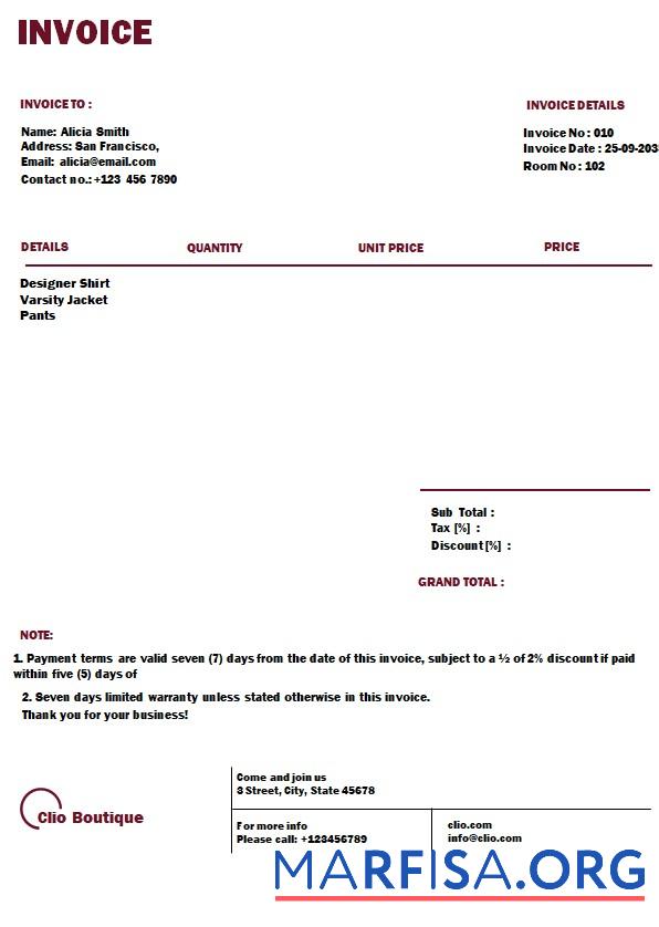 Printable Free Boutique Invoice Template